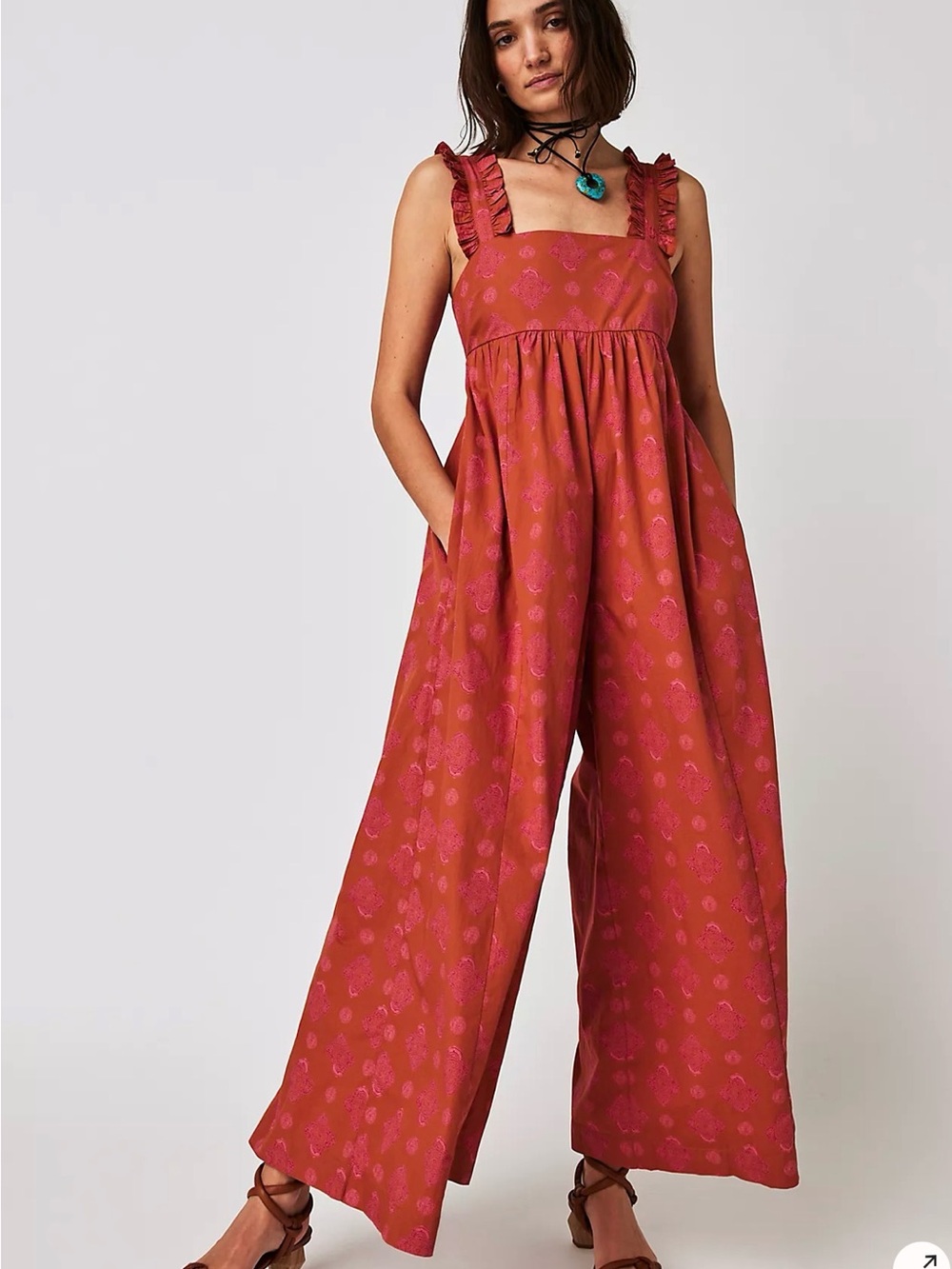 Free People Katya Printed Jumpsuit Boho Wide Leg Ruffle Strap Back Bow Tie - Picture 2 of 9